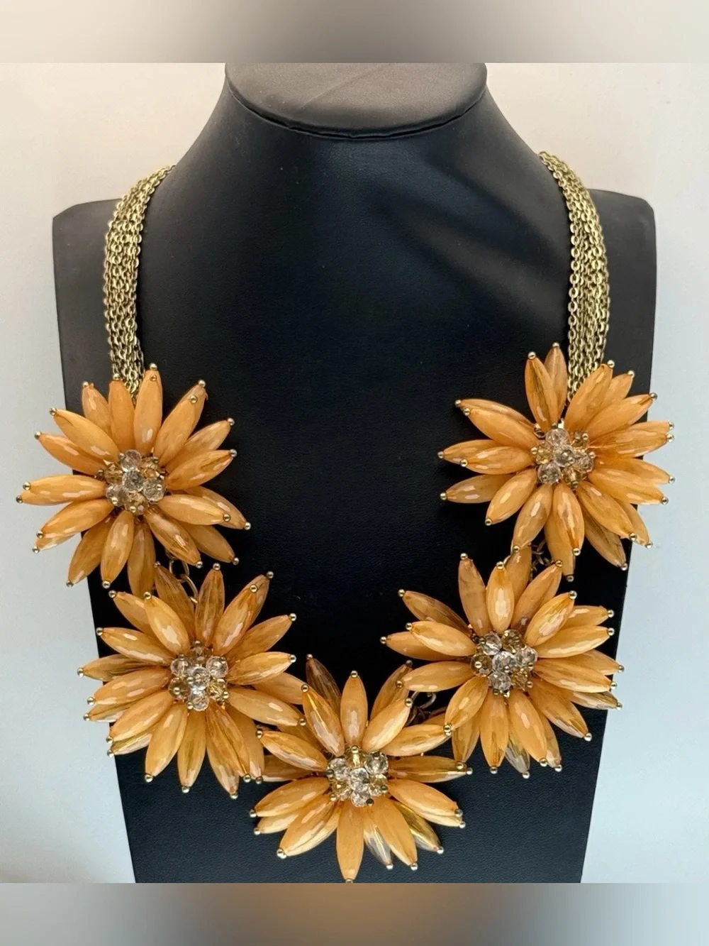 Talbots Orange Flower Statement Necklace Gold Tone Floral Resin Bib Chain